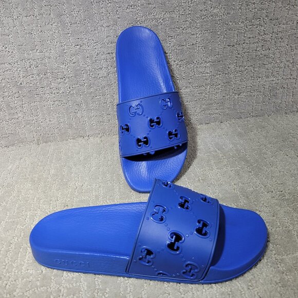 Gucci Pursuit Slide Men's Size US 10 Blue Rubber GG Perforated Sandals. - Picture 6 of 10